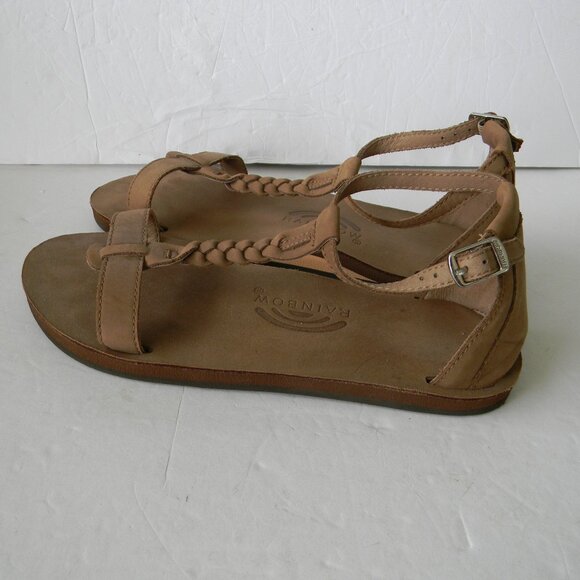 Rainbow  Brown Leather Sandals Calafia Braided T-Strap Ankle Shoes sz 9 - Picture 1 of 6